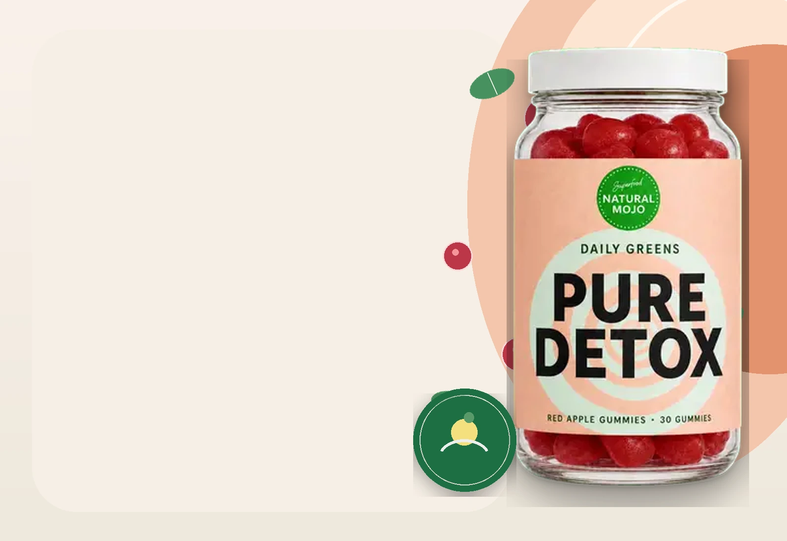 Natural Mojo Pure Detox gummies in a premium peach and green setting